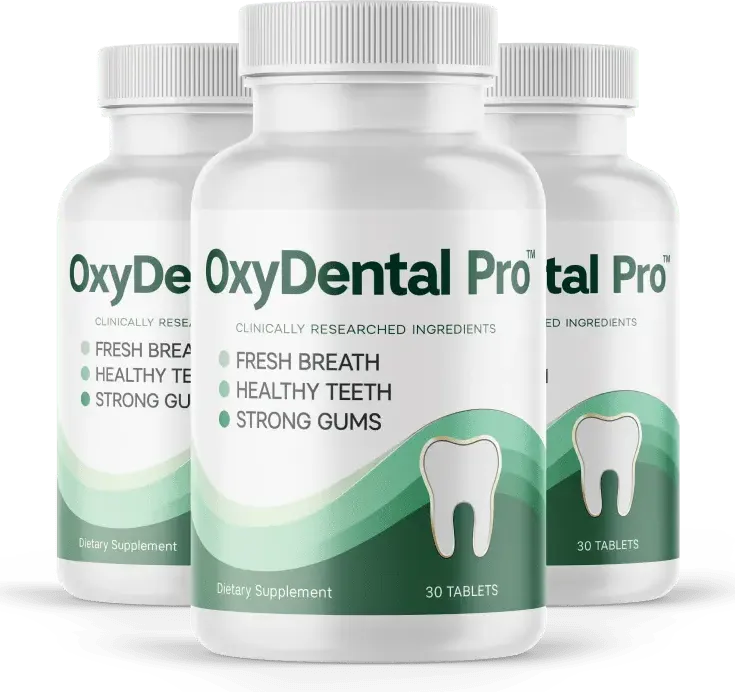 OxyDental Pro 3 bottle package natural oral care supplement for stronger teeth and healthier gums